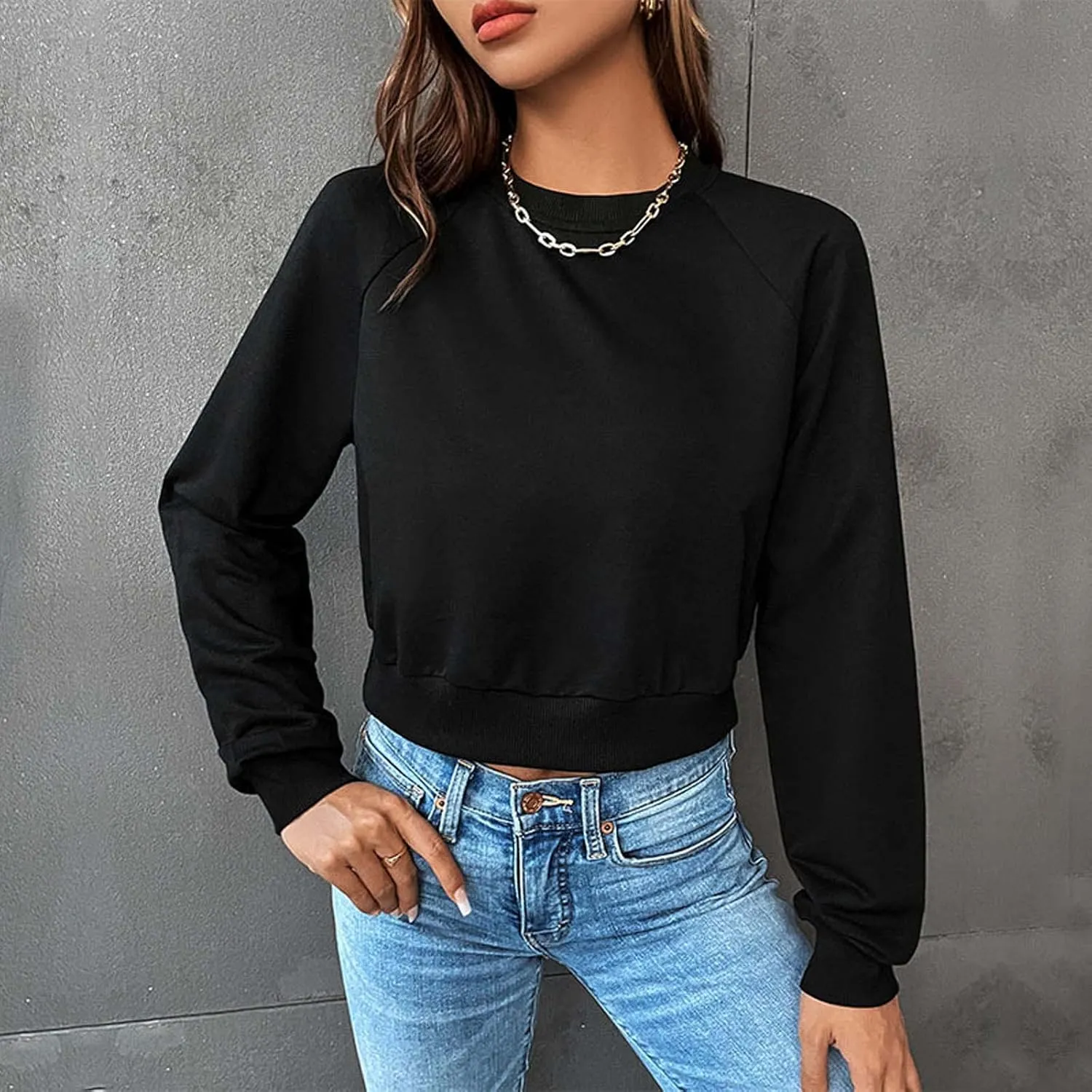 Women's Cropped Sweatshirts Loose Fit Fleece Long Sleeve Casual Pullover Crewneck Workout Fashion Basic Hoodie Tops