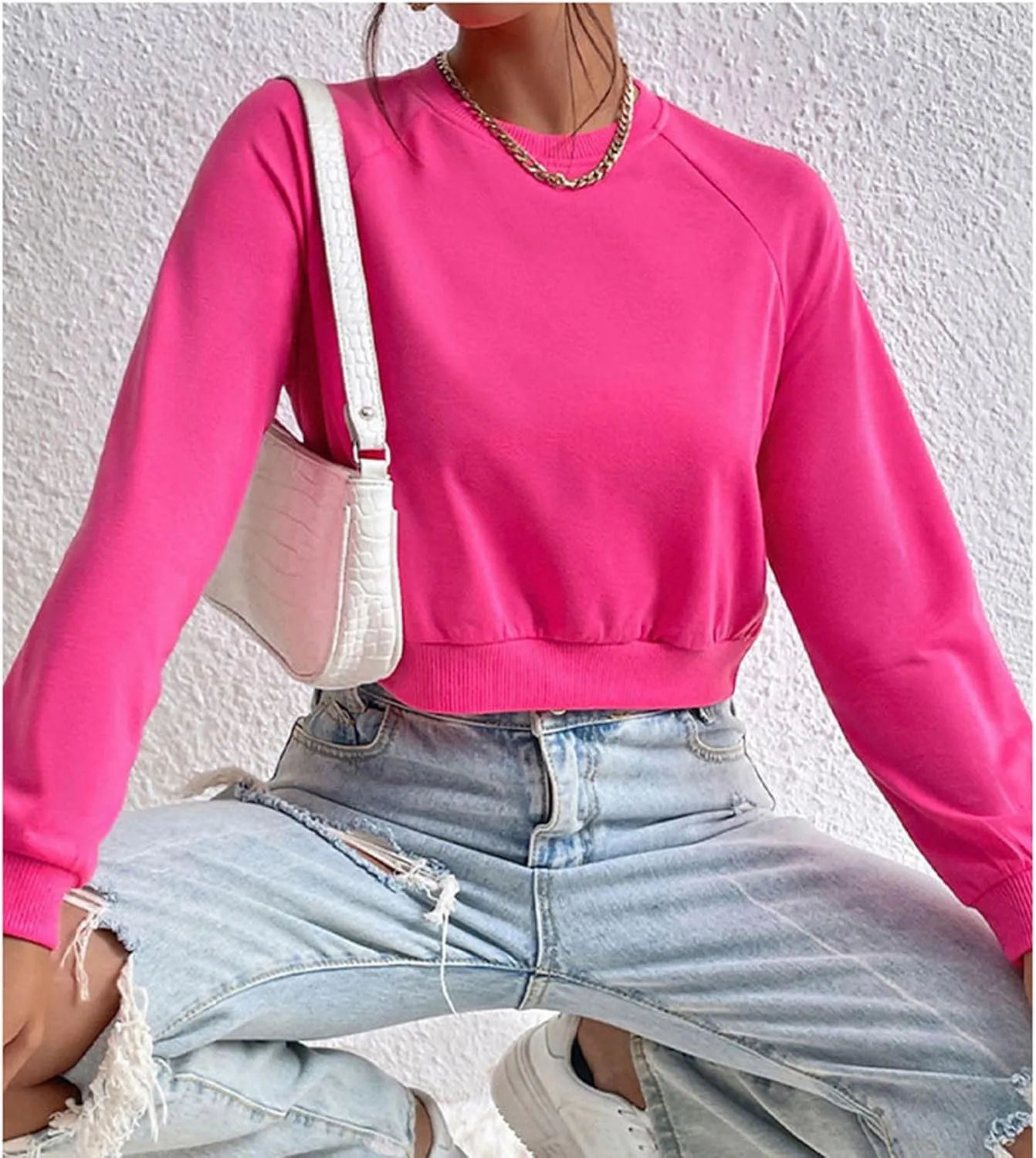 Women's Cropped Sweatshirts Loose Fit Fleece Long Sleeve Casual Pullover Crewneck Workout Fashion Basic Hoodie Tops