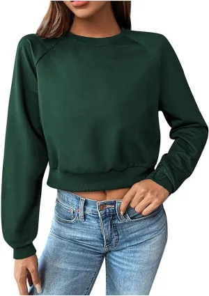 Women's Cropped Sweatshirts Loose Fit Fleece Long Sleeve Casual Pullover Crewneck Workout Fashion Basic Hoodie Tops