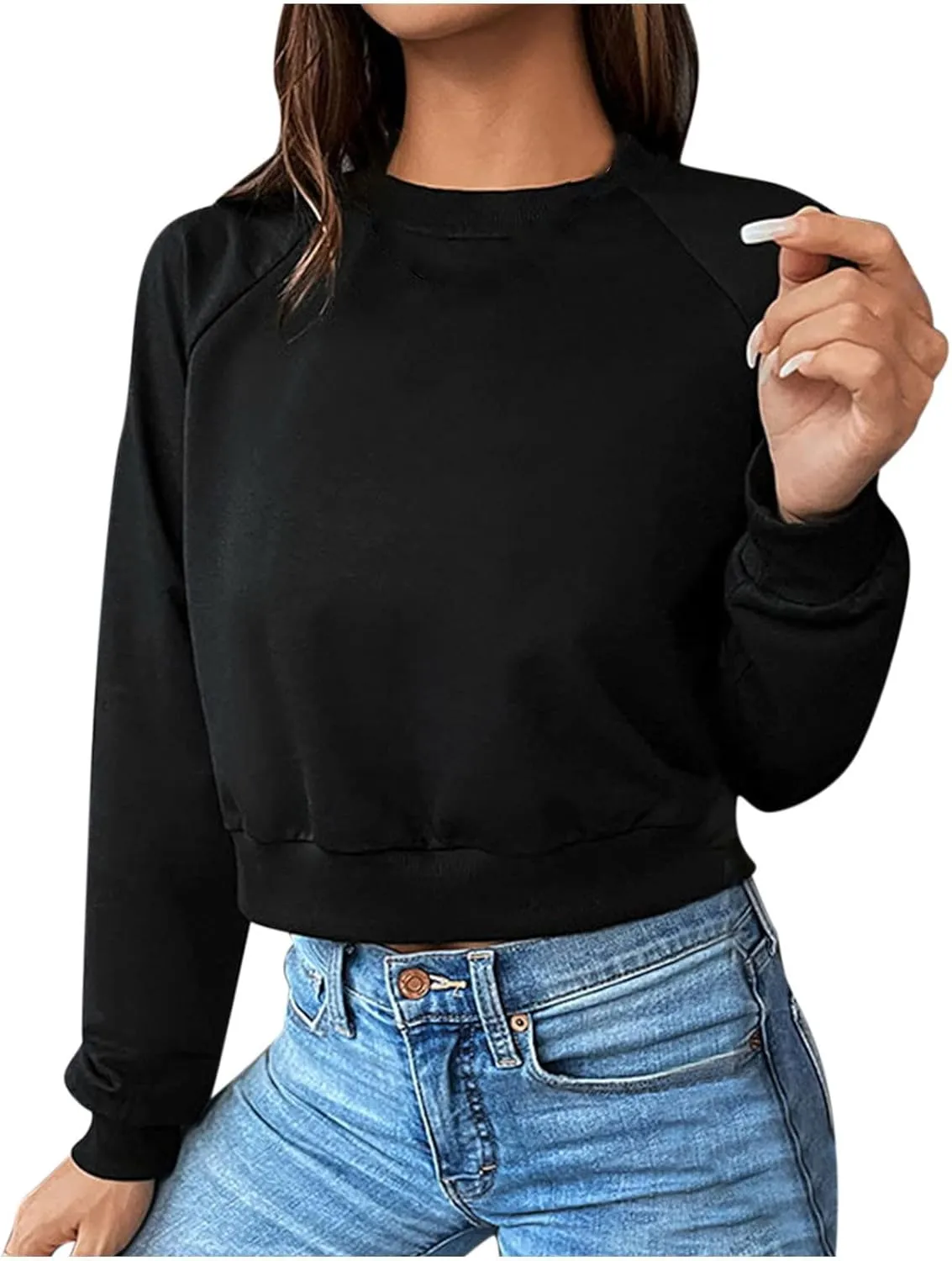 Women's Cropped Sweatshirts Loose Fit Fleece Long Sleeve Casual Pullover Crewneck Workout Fashion Basic Hoodie Tops