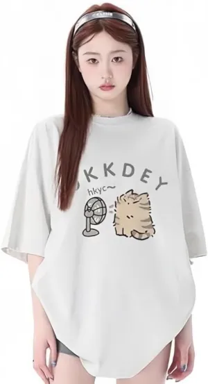Women's Cute Cat Cartoon Print T-Shirt Kawaii Oversized Graphic Tees Y2K Men's Short Sleeve Tees Grunge Clothes