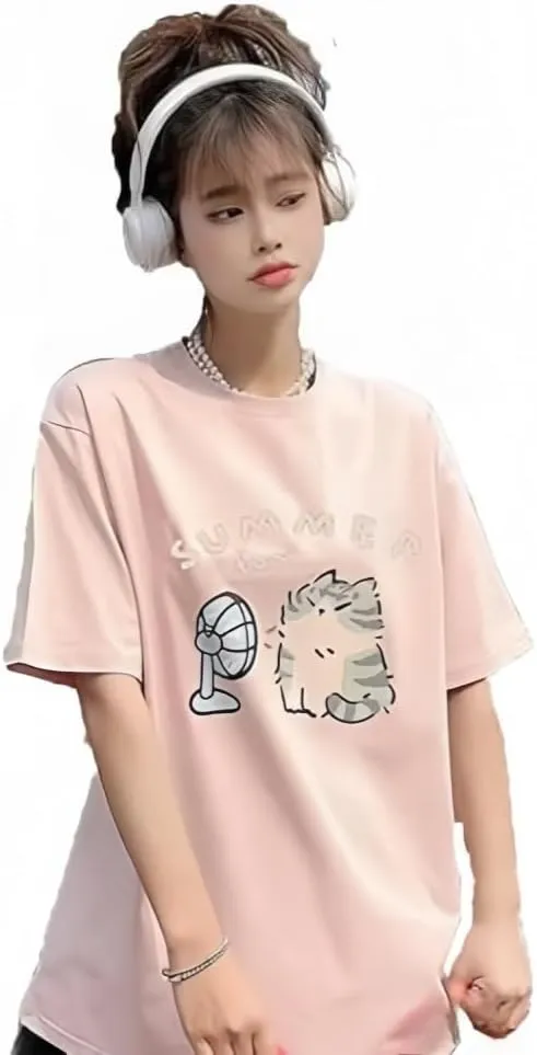 Women's Cute Cat Cartoon Print T-Shirt Kawaii Oversized Graphic Tees Y2K Men's Short Sleeve Tees Grunge Clothes