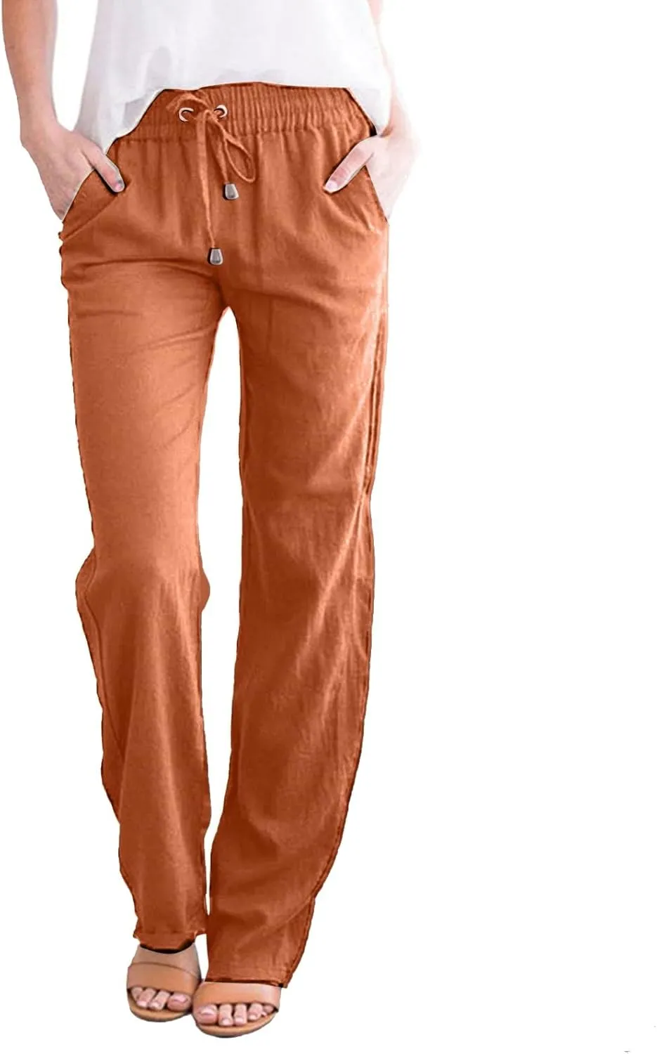 Womens Elastic Waist Linen Drawstring Pants Fashion Office Work Relax Dressy Trousers Active Sports Casual Sweatpants