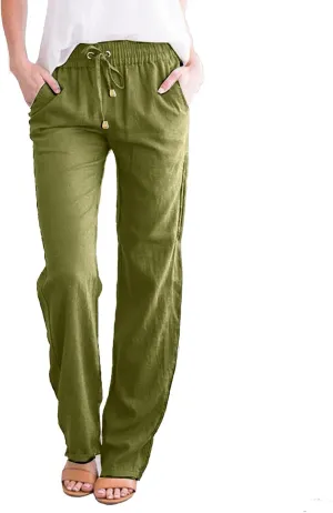 Womens Elastic Waist Linen Drawstring Pants Fashion Office Work Relax Dressy Trousers Active Sports Casual Sweatpants