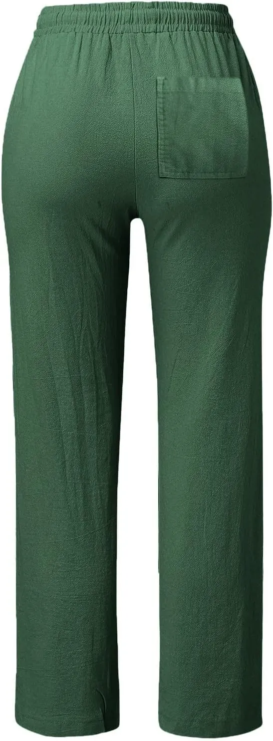 Womens Elastic Waist Linen Drawstring Pants Fashion Office Work Relax Dressy Trousers Active Sports Casual Sweatpants