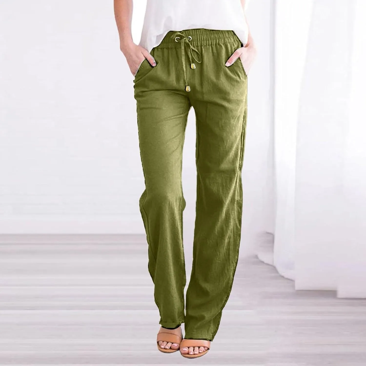 Womens Elastic Waist Linen Drawstring Pants Fashion Office Work Relax Dressy Trousers Active Sports Casual Sweatpants