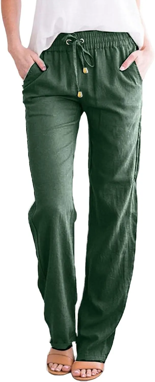 Womens Elastic Waist Linen Drawstring Pants Fashion Office Work Relax Dressy Trousers Active Sports Casual Sweatpants
