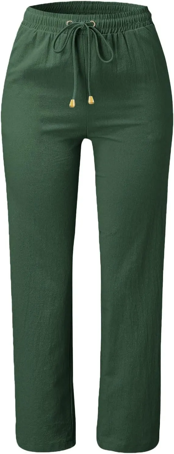 Womens Elastic Waist Linen Drawstring Pants Fashion Office Work Relax Dressy Trousers Active Sports Casual Sweatpants