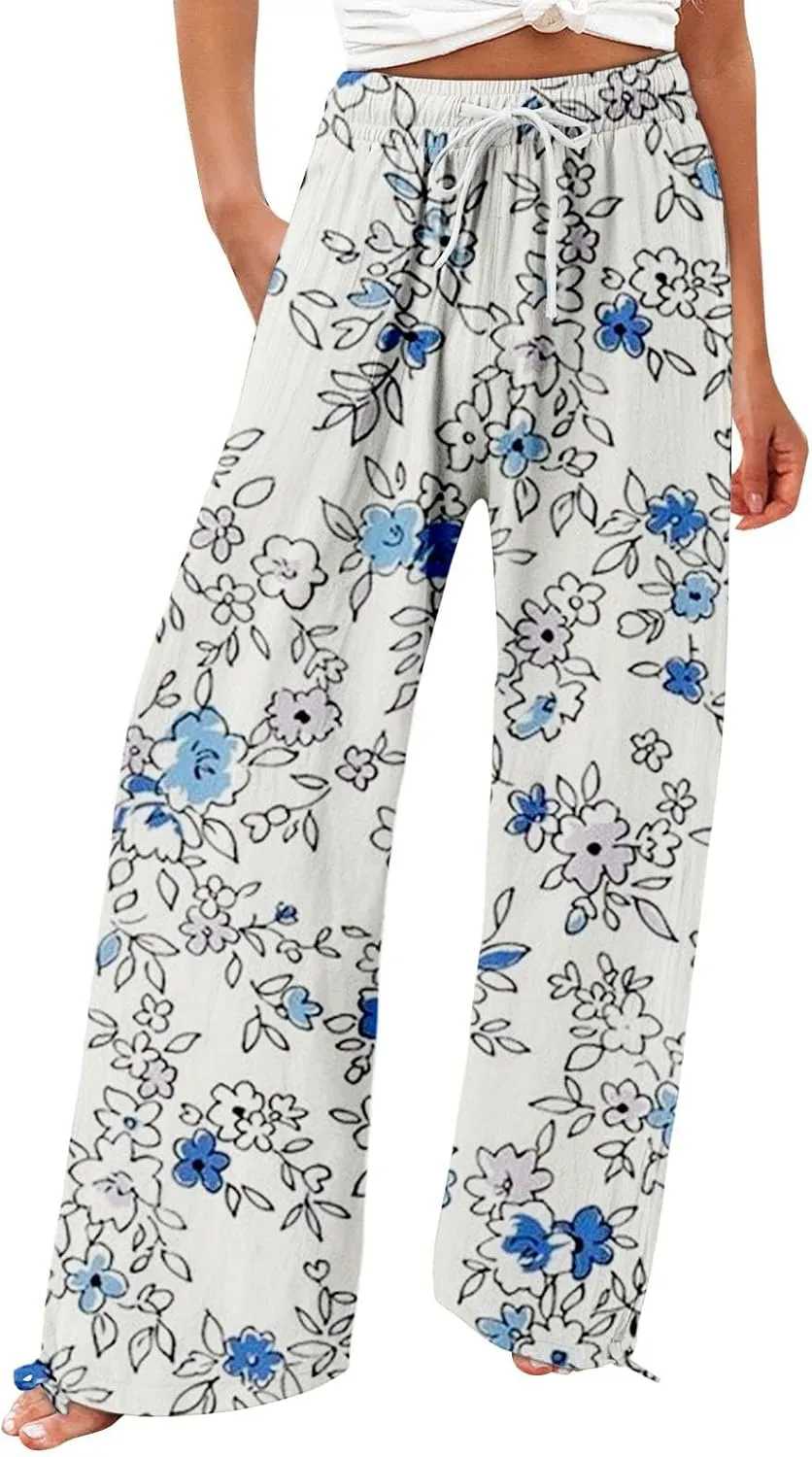 Womens Floral Print Casual Pants Elastic Waistband Straight Wide Leg Trousers Daily Regular Home Leisure Lounge Pants