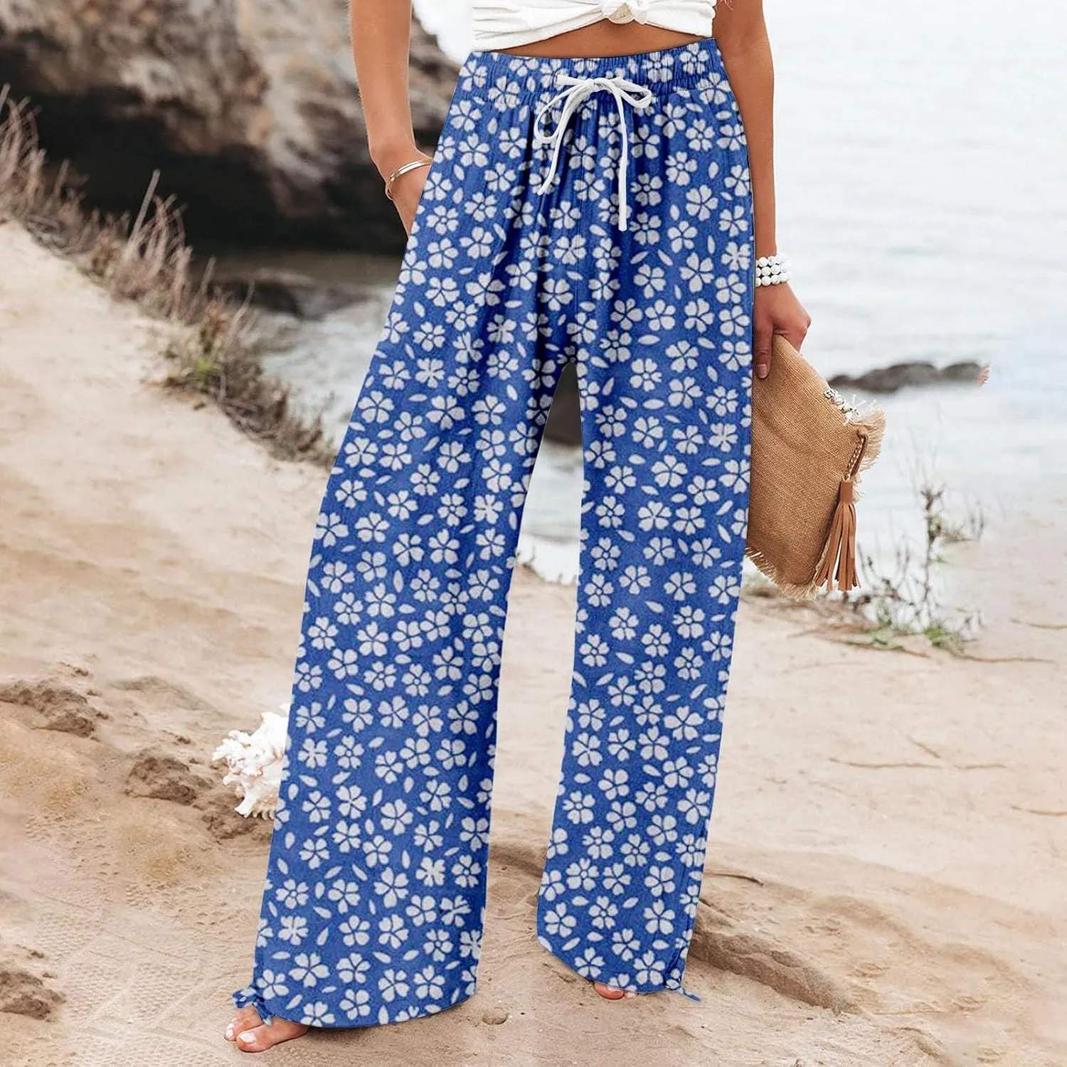 Womens Floral Print Casual Pants Elastic Waistband Straight Wide Leg Trousers Daily Regular Home Leisure Lounge Pants