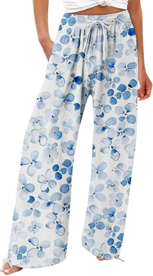 Womens Floral Print Casual Pants Elastic Waistband Straight Wide Leg Trousers Daily Regular Home Leisure Lounge Pants