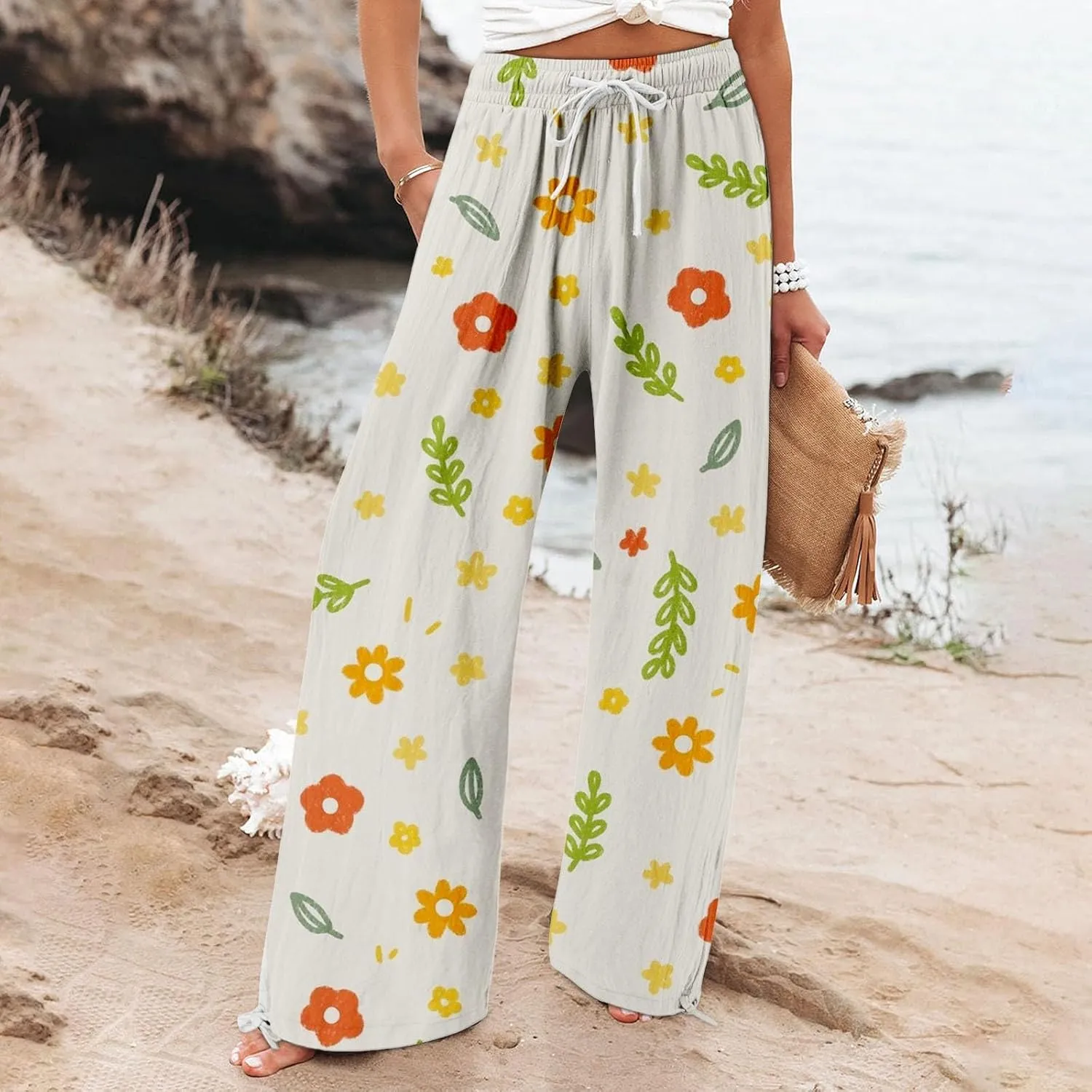 Womens Floral Print Casual Pants Elastic Waistband Straight Wide Leg Trousers Daily Regular Home Leisure Lounge Pants