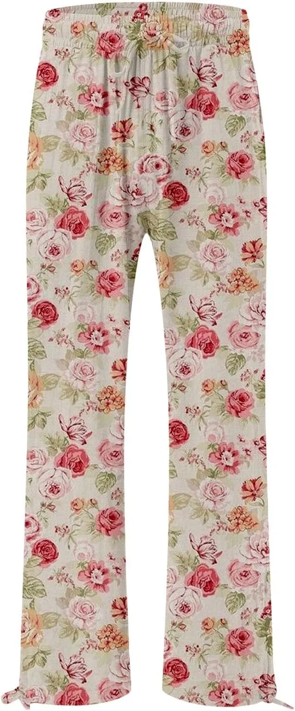 Womens Floral Print Casual Pants Elastic Waistband Straight Wide Leg Trousers Daily Regular Home Leisure Lounge Pants