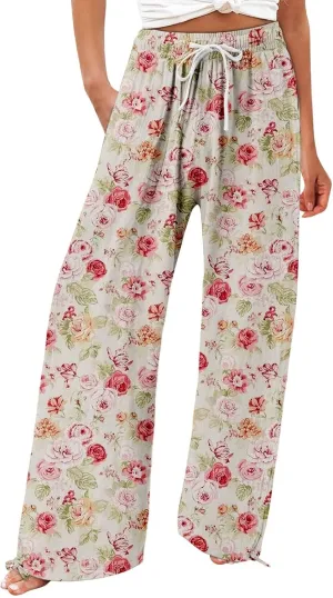 Womens Floral Print Casual Pants Elastic Waistband Straight Wide Leg Trousers Daily Regular Home Leisure Lounge Pants