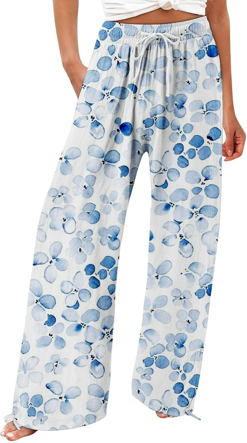 Womens Floral Print Casual Pants Elastic Waistband Straight Wide Leg Trousers Daily Regular Home Leisure Lounge Pants
