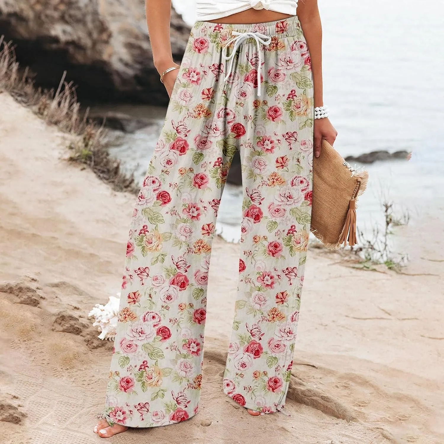 Womens Floral Print Casual Pants Elastic Waistband Straight Wide Leg Trousers Daily Regular Home Leisure Lounge Pants