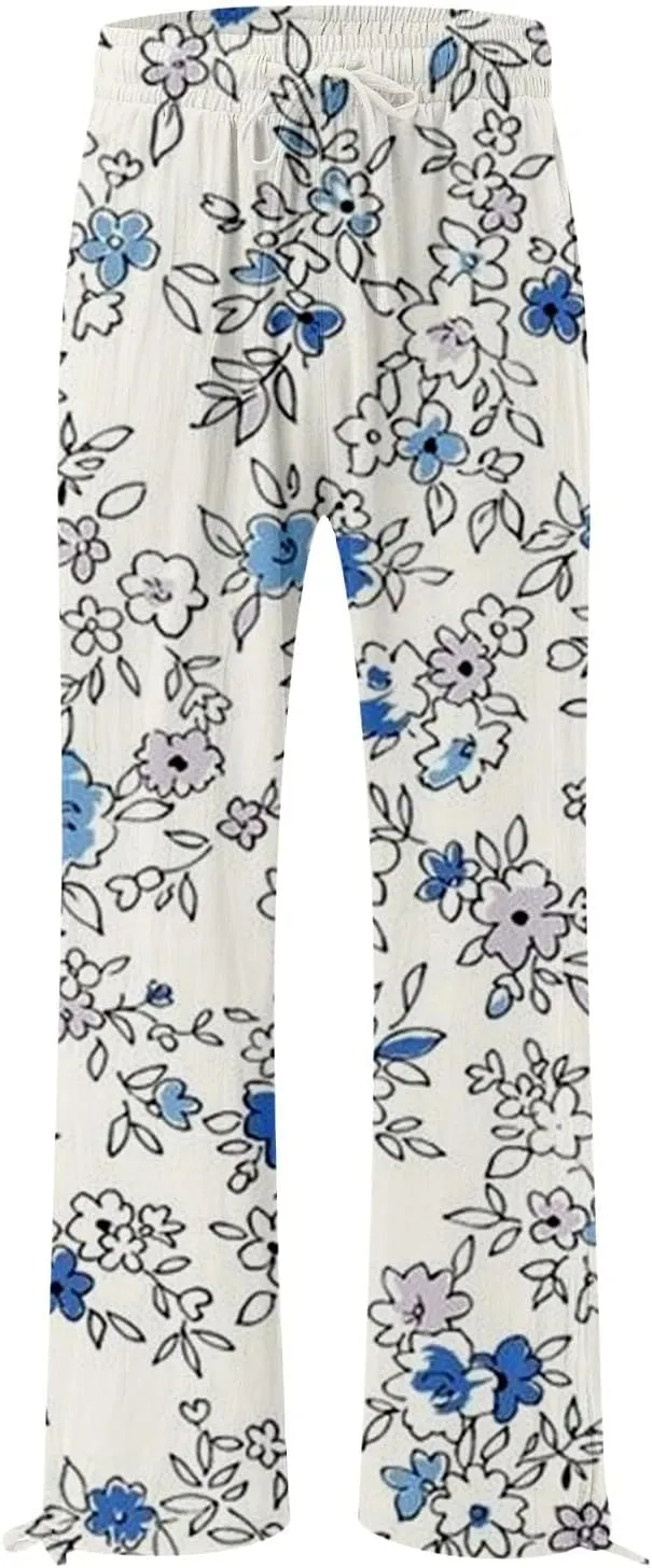 Womens Floral Print Casual Pants Elastic Waistband Straight Wide Leg Trousers Daily Regular Home Leisure Lounge Pants
