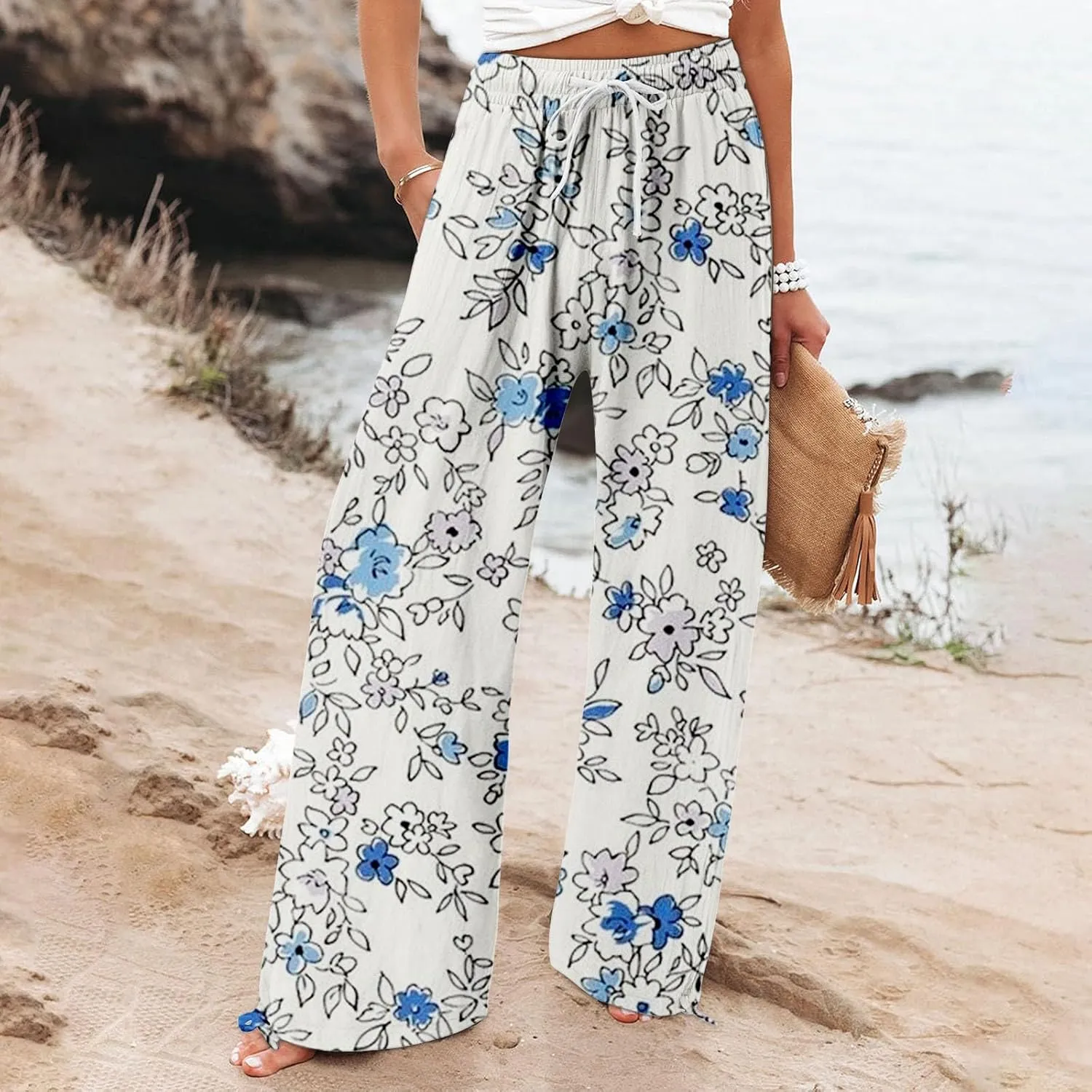 Womens Floral Print Casual Pants Elastic Waistband Straight Wide Leg Trousers Daily Regular Home Leisure Lounge Pants