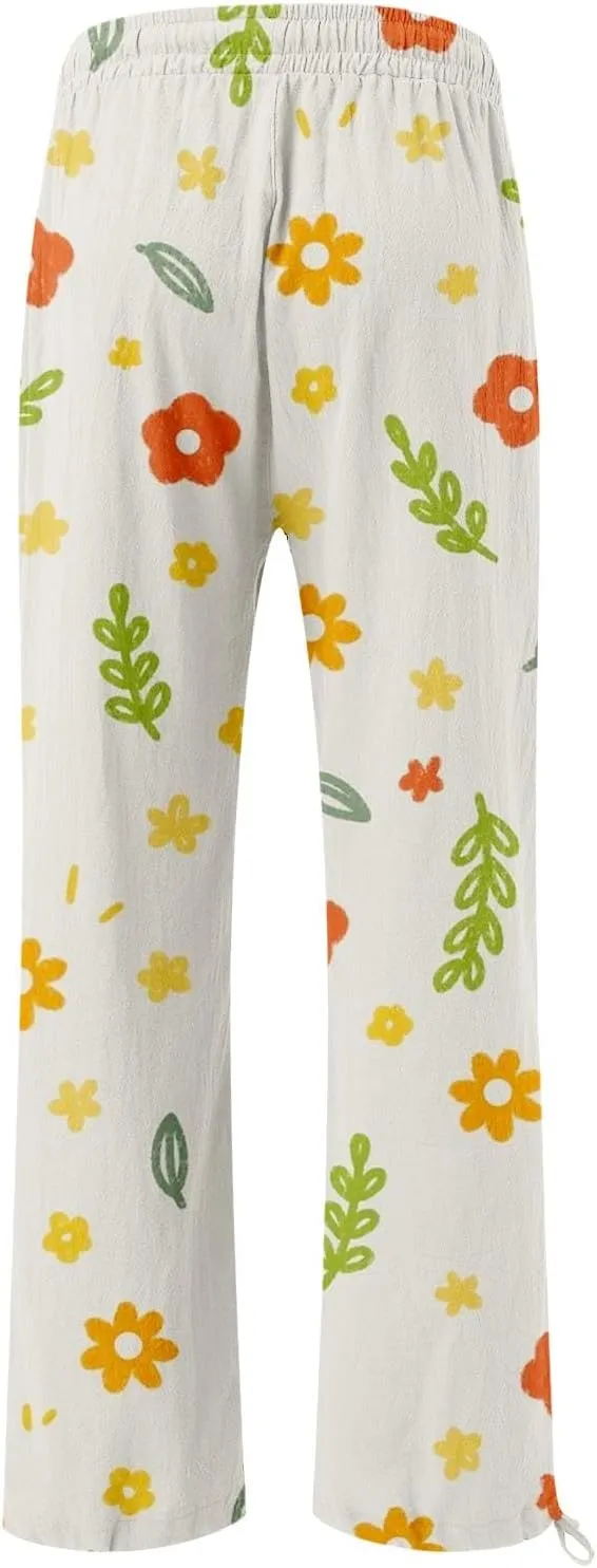 Womens Floral Print Casual Pants Elastic Waistband Straight Wide Leg Trousers Daily Regular Home Leisure Lounge Pants