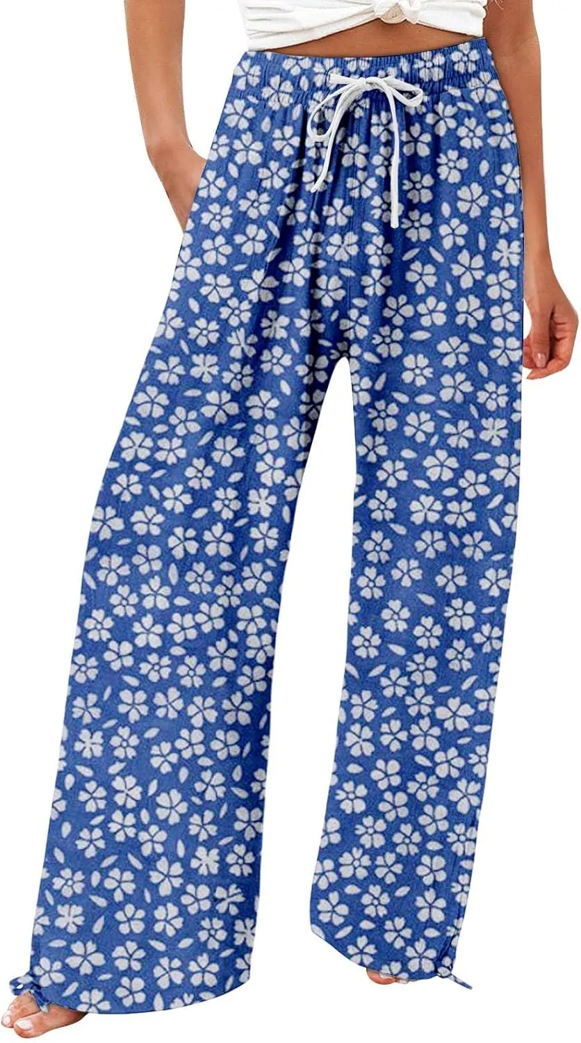 Womens Floral Print Casual Pants Elastic Waistband Straight Wide Leg Trousers Daily Regular Home Leisure Lounge Pants