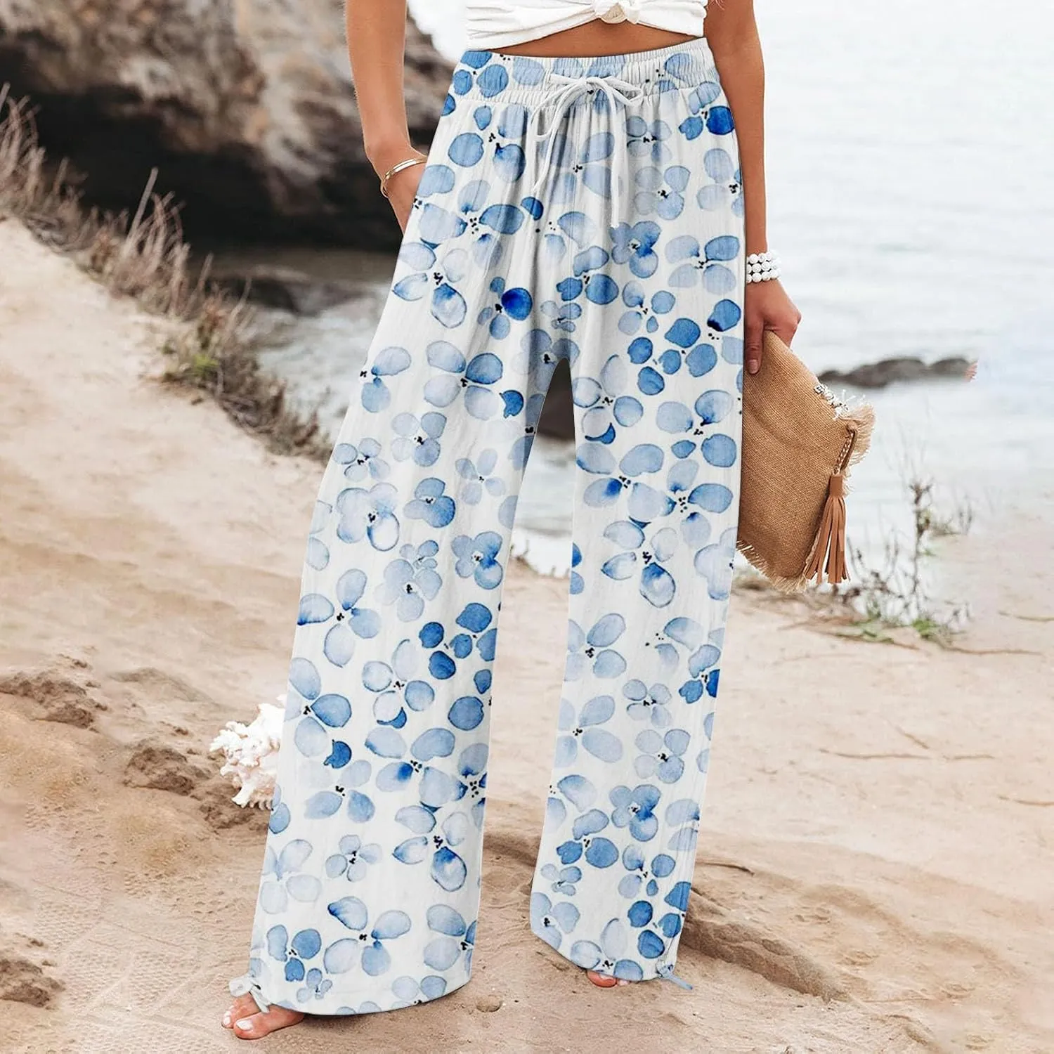 Womens Floral Print Casual Pants Elastic Waistband Straight Wide Leg Trousers Daily Regular Home Leisure Lounge Pants