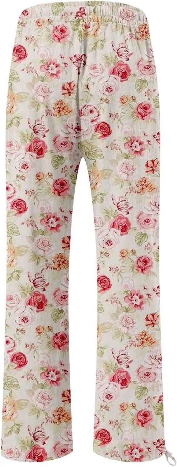 Womens Floral Print Casual Pants Elastic Waistband Straight Wide Leg Trousers Daily Regular Home Leisure Lounge Pants