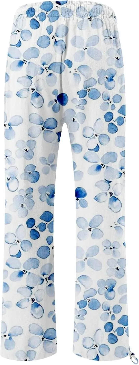 Womens Floral Print Casual Pants Elastic Waistband Straight Wide Leg Trousers Daily Regular Home Leisure Lounge Pants