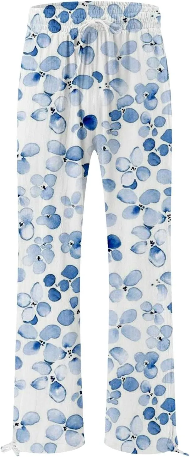 Womens Floral Print Casual Pants Elastic Waistband Straight Wide Leg Trousers Daily Regular Home Leisure Lounge Pants