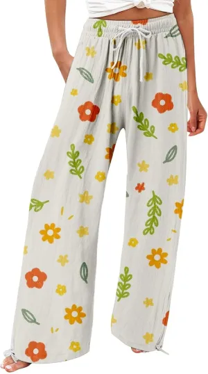 Womens Floral Print Casual Pants Elastic Waistband Straight Wide Leg Trousers Daily Regular Home Leisure Lounge Pants