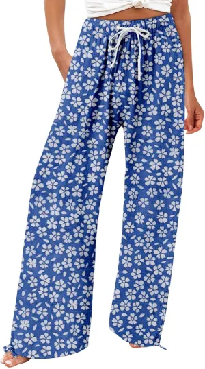 Womens Floral Print Casual Pants Elastic Waistband Straight Wide Leg Trousers Daily Regular Home Leisure Lounge Pants