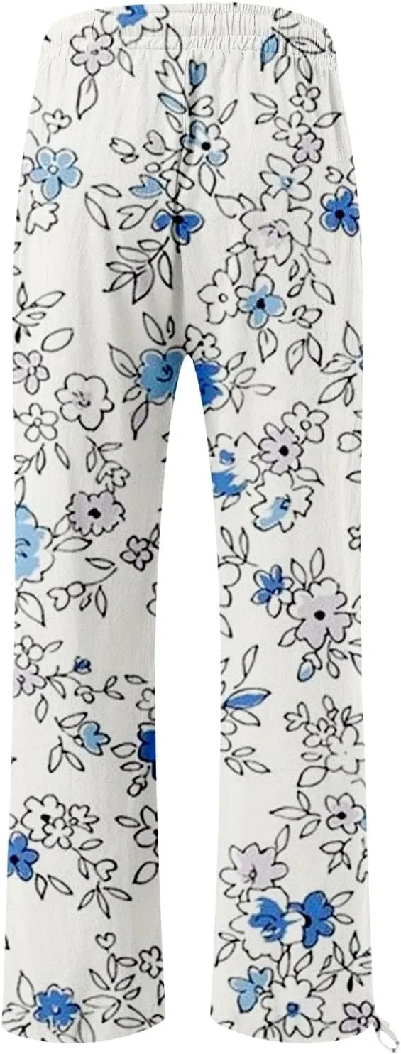 Womens Floral Print Casual Pants Elastic Waistband Straight Wide Leg Trousers Daily Regular Home Leisure Lounge Pants