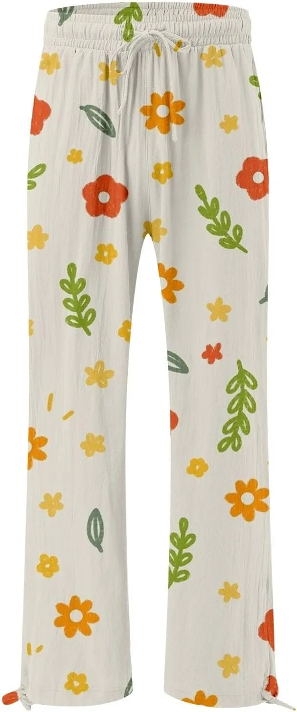 Womens Floral Print Casual Pants Elastic Waistband Straight Wide Leg Trousers Daily Regular Home Leisure Lounge Pants