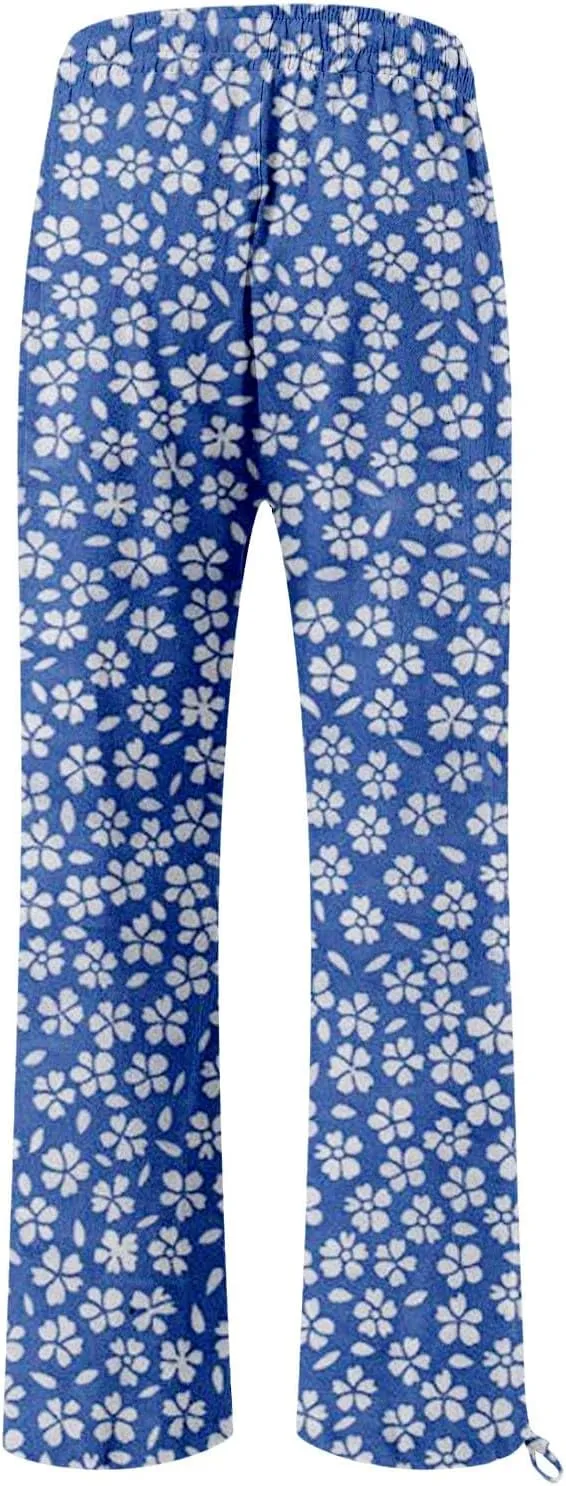Womens Floral Print Casual Pants Elastic Waistband Straight Wide Leg Trousers Daily Regular Home Leisure Lounge Pants