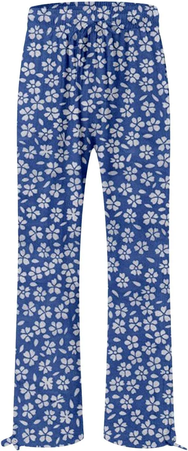 Womens Floral Print Casual Pants Elastic Waistband Straight Wide Leg Trousers Daily Regular Home Leisure Lounge Pants