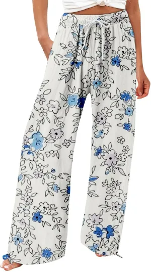 Womens Floral Print Casual Pants Elastic Waistband Straight Wide Leg Trousers Daily Regular Home Leisure Lounge Pants