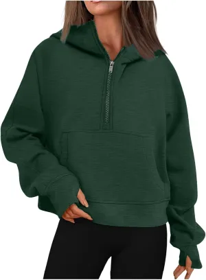 Womens Half Zip Pullovers Casual Long Sleeve Pullover Sweatshirt Thumb Hole Cropped Sweatshirts with Pocket