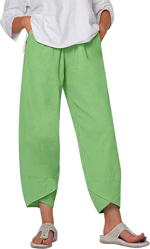 Womens Linen Capri Pants Elastic Casual High Waist Wide Leg Trousers Relax Fit Summer Joggers Boho Pants with Pockets