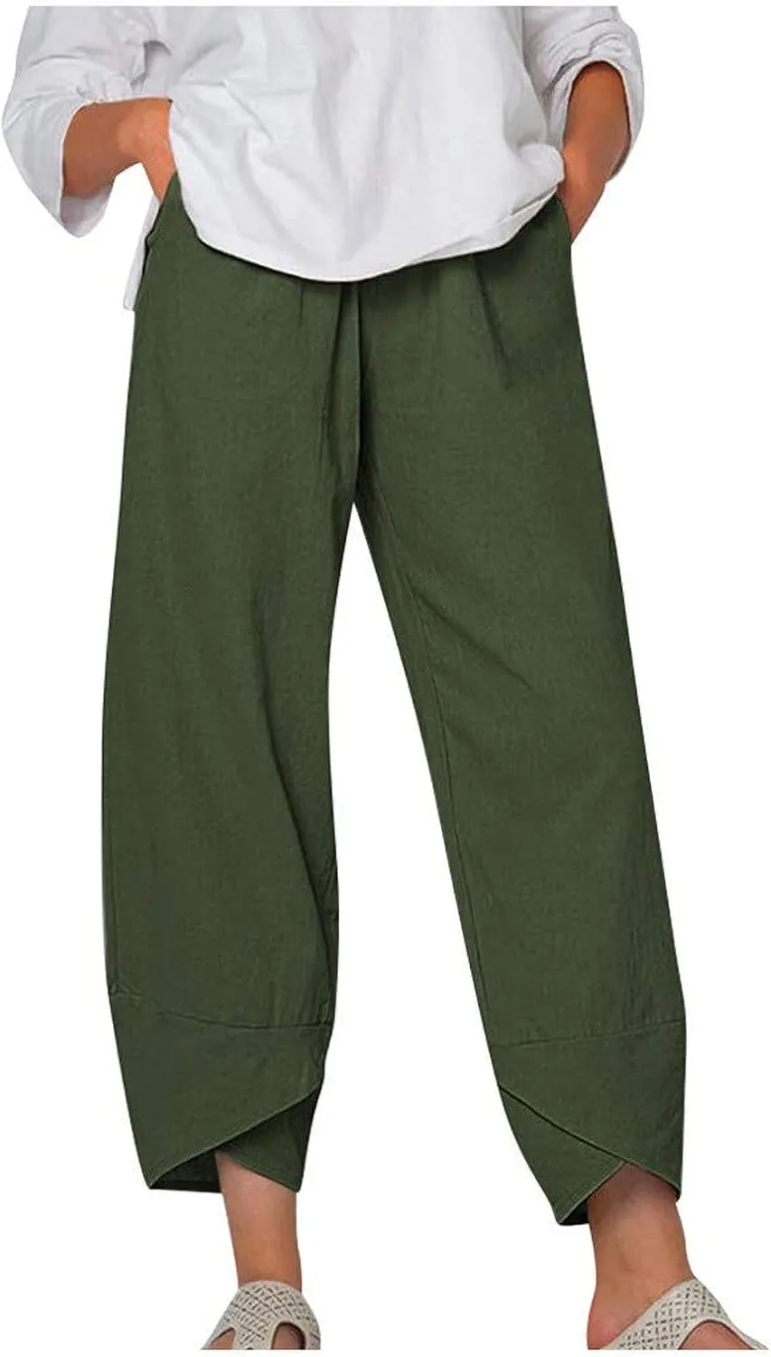 Womens Linen Capri Pants Elastic Casual High Waist Wide Leg Trousers Relax Fit Summer Joggers Boho Pants with Pockets