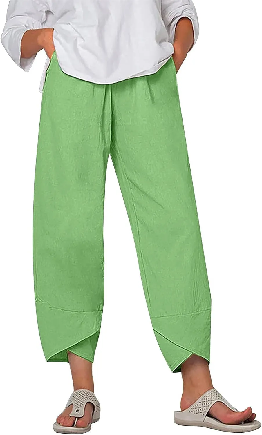 Womens Linen Capri Pants Elastic Casual High Waist Wide Leg Trousers Relax Fit Summer Joggers Boho Pants with Pockets