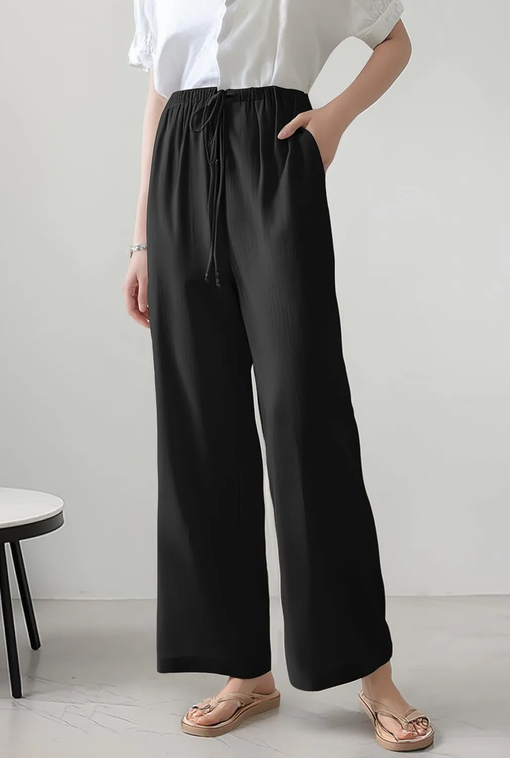 Women's Linen Pants Wide Leg Loose Fit-Black Khaki Green Brown Comfort Casual Elastic Waist Summer Trousers