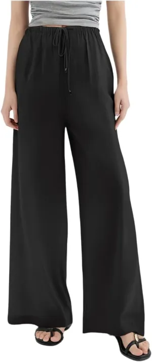 Women's Linen Pants Wide Leg Loose Fit-Black Khaki Green Brown Comfort Casual Elastic Waist Summer Trousers