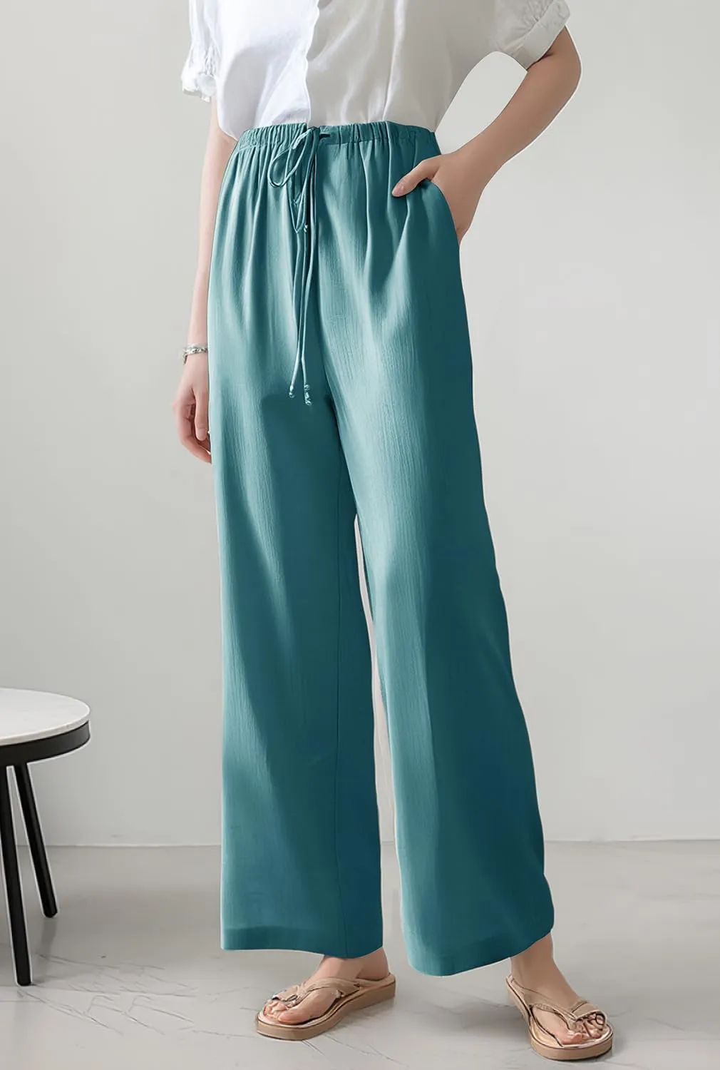 Women's Linen Pants Wide Leg Loose Fit-Black Khaki Green Brown Comfort Casual Elastic Waist Summer Trousers