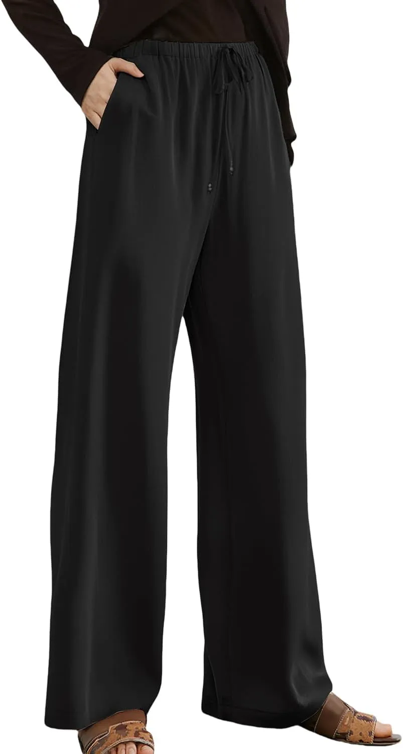 Women's Linen Pants Wide Leg Loose Fit-Black Khaki Green Brown Comfort Casual Elastic Waist Summer Trousers