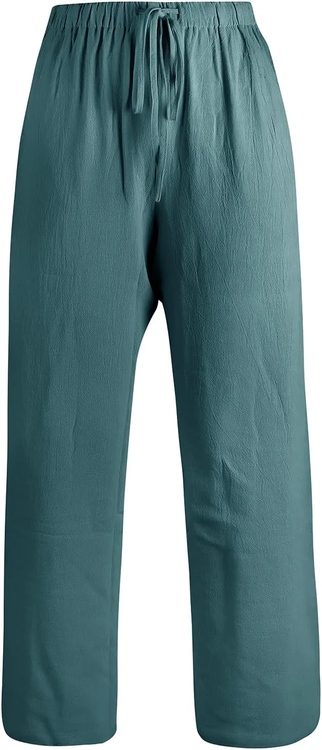 Women's Linen Pants Wide Leg Loose Fit-Black Khaki Green Brown Comfort Casual Elastic Waist Summer Trousers