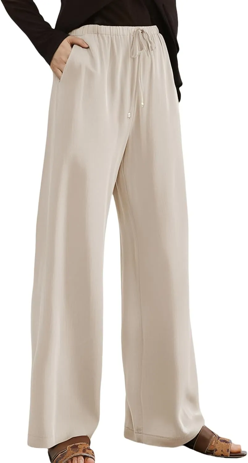 Women's Linen Pants Wide Leg Loose Fit-Black Khaki Green Brown Comfort Casual Elastic Waist Summer Trousers