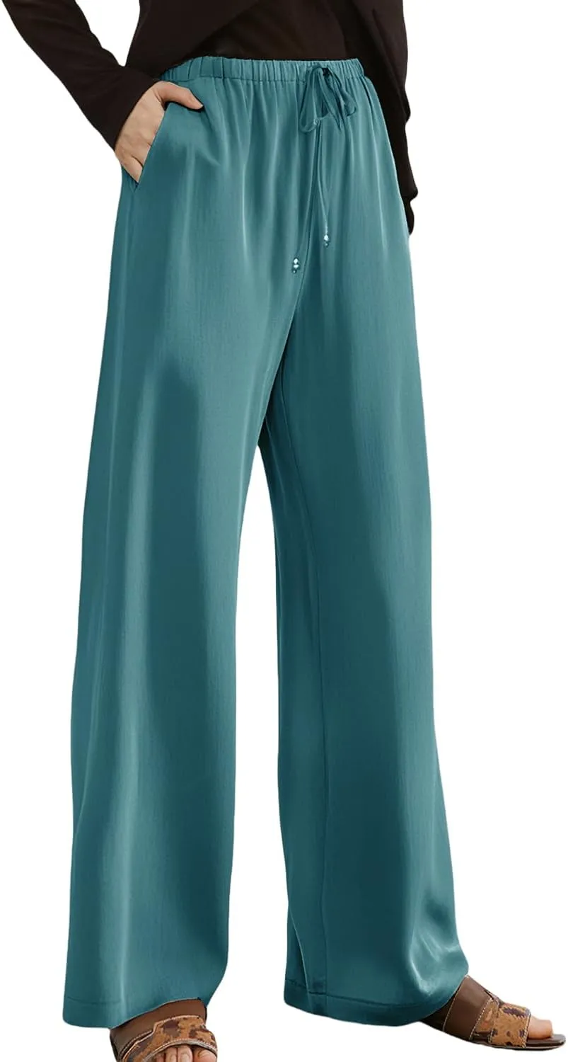 Women's Linen Pants Wide Leg Loose Fit-Black Khaki Green Brown Comfort Casual Elastic Waist Summer Trousers