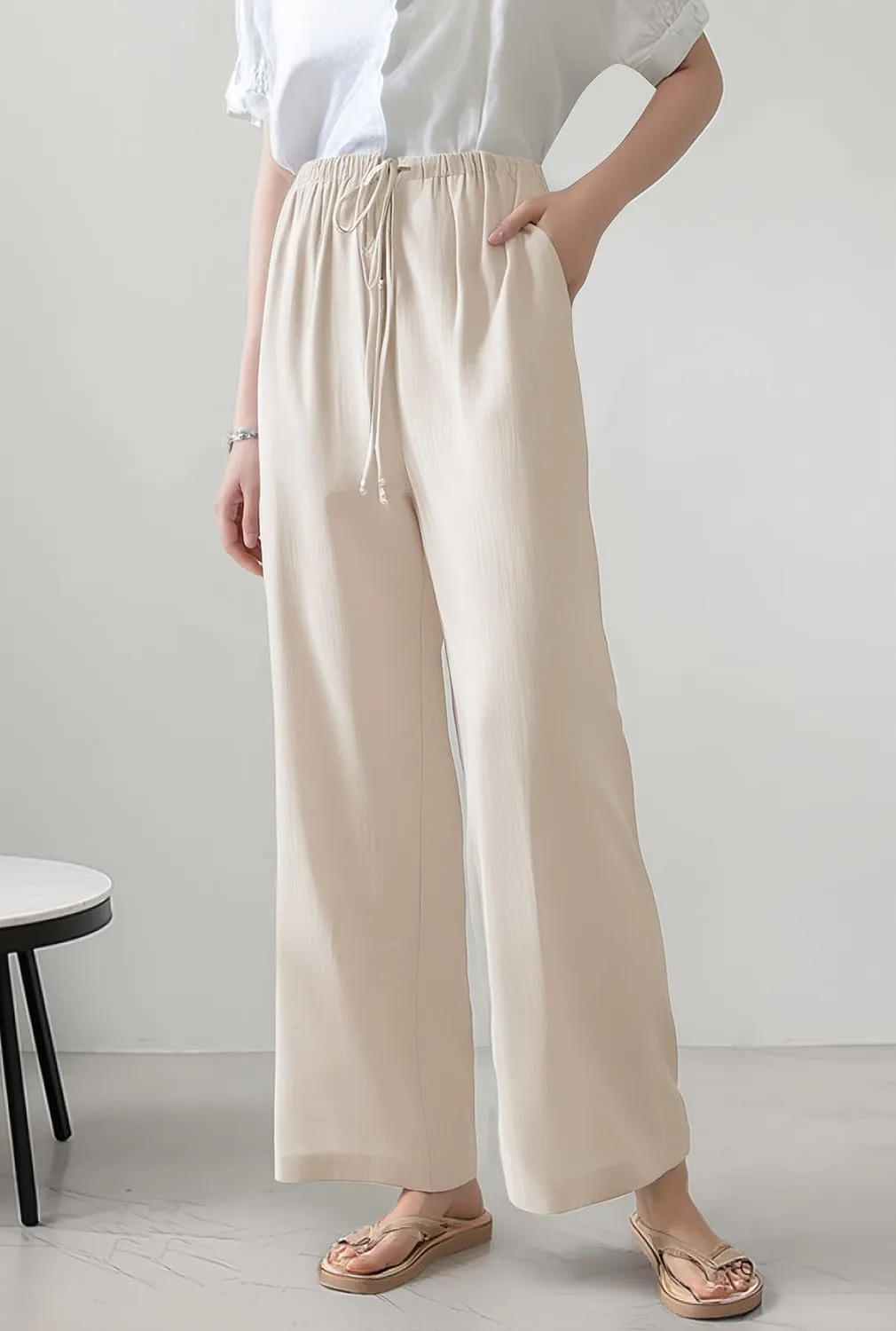 Women's Linen Pants Wide Leg Loose Fit-Black Khaki Green Brown Comfort Casual Elastic Waist Summer Trousers