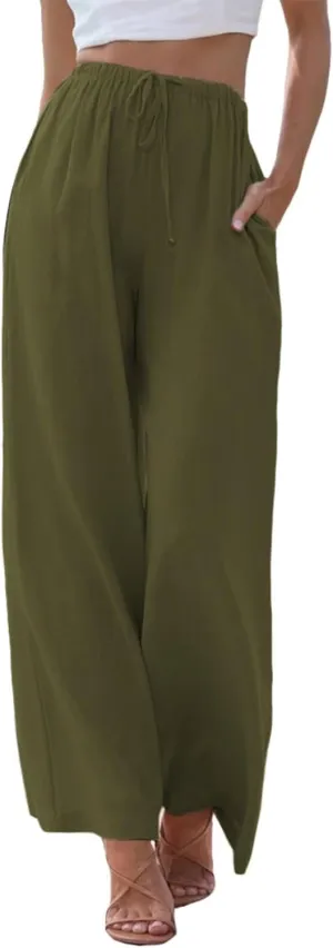 Womens Linen Wide Leg Pants Drawstring Elastic Waist Palazzo Pants Daily Wear Beach Trousers with Pockets