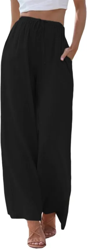 Womens Linen Wide Leg Pants Drawstring Elastic Waist Palazzo Pants Daily Wear Beach Trousers with Pockets