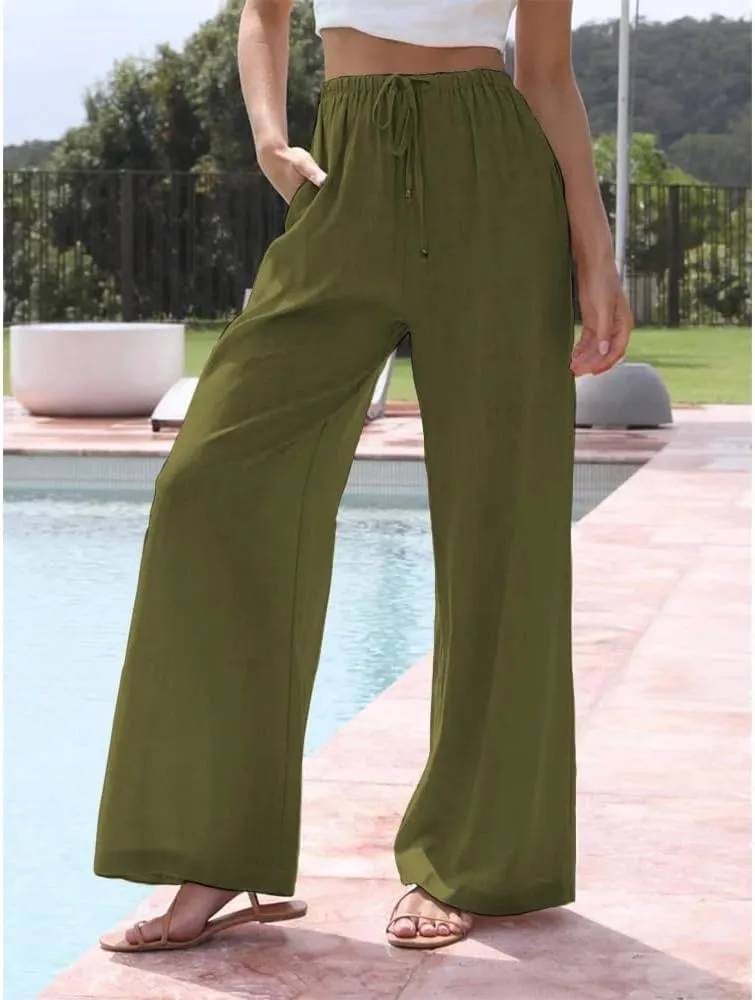Womens Linen Wide Leg Pants Drawstring Elastic Waist Palazzo Pants Daily Wear Beach Trousers with Pockets